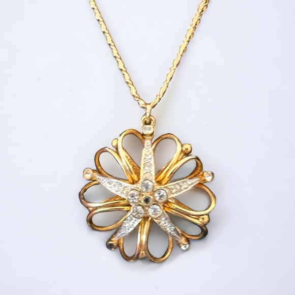 Gold Tone Necklace Flower Pendant w Rhinestone - Picture 1 of 4